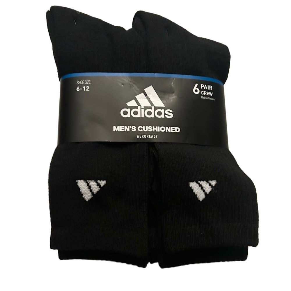 Adidas Men’s 6 Pack Cushion Crew Socks Black Shoe Size 6-12